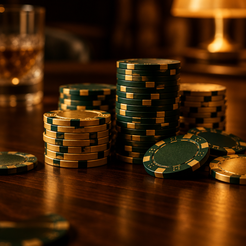Högar av casinojetonger i guld och grönt